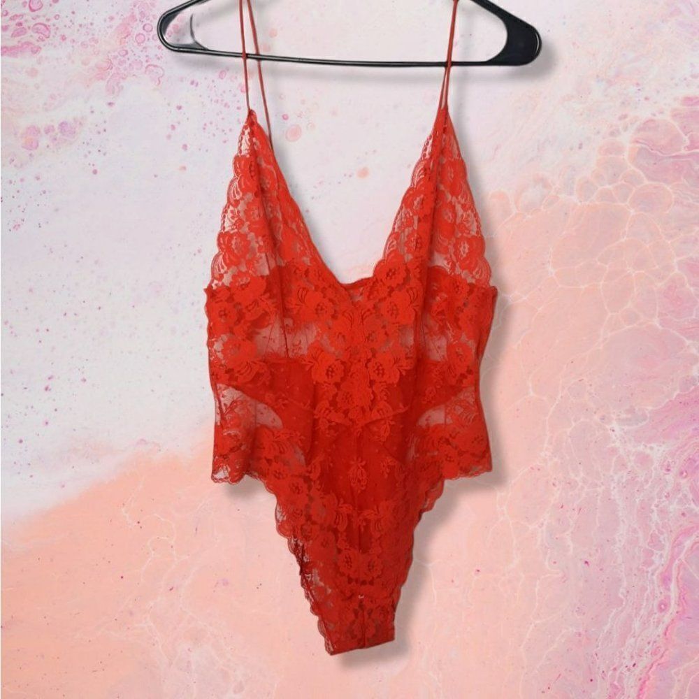 Red Lace V-Neck Lace Teddy Bodysuit - Women's Intimates